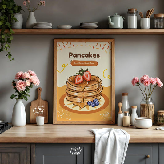 This delightful and appetizing poster celebrates the simple joy of pancakes, bringing a cheerful an… for home