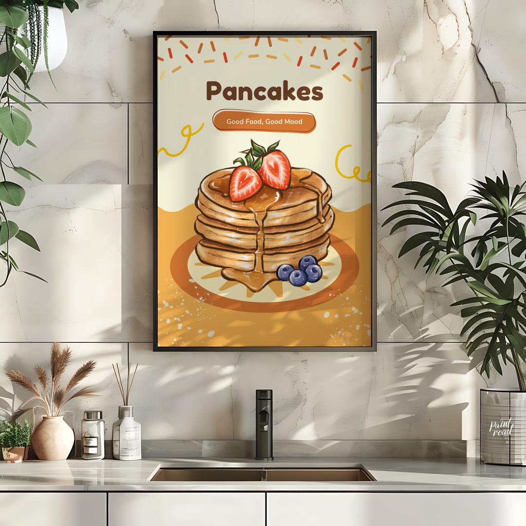 This delightful and appetizing poster celebrates the simple joy of pancakes, bringing a cheerful an… for kitchen