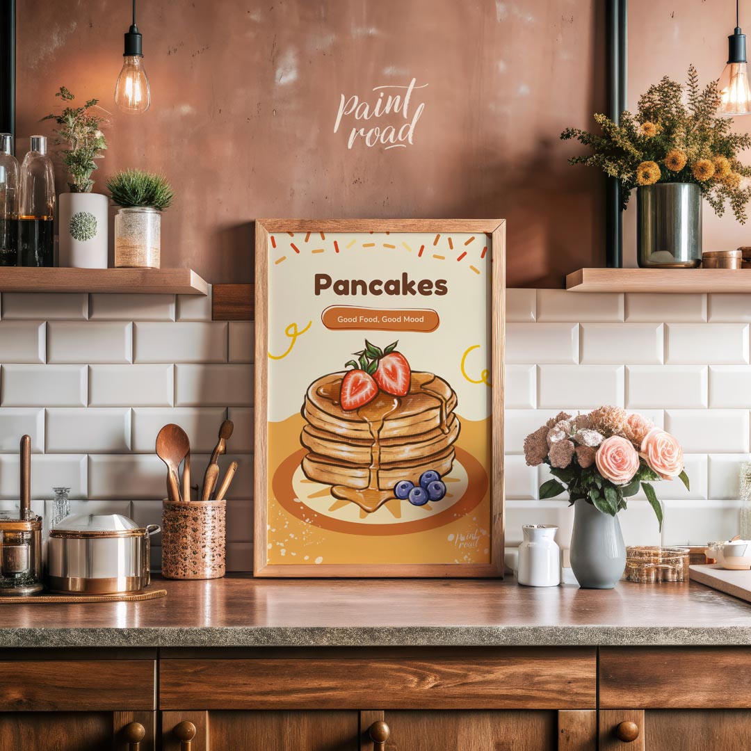 This delightful and appetizing poster celebrates the simple joy of pancakes, bringing a cheerful an… for kitchen