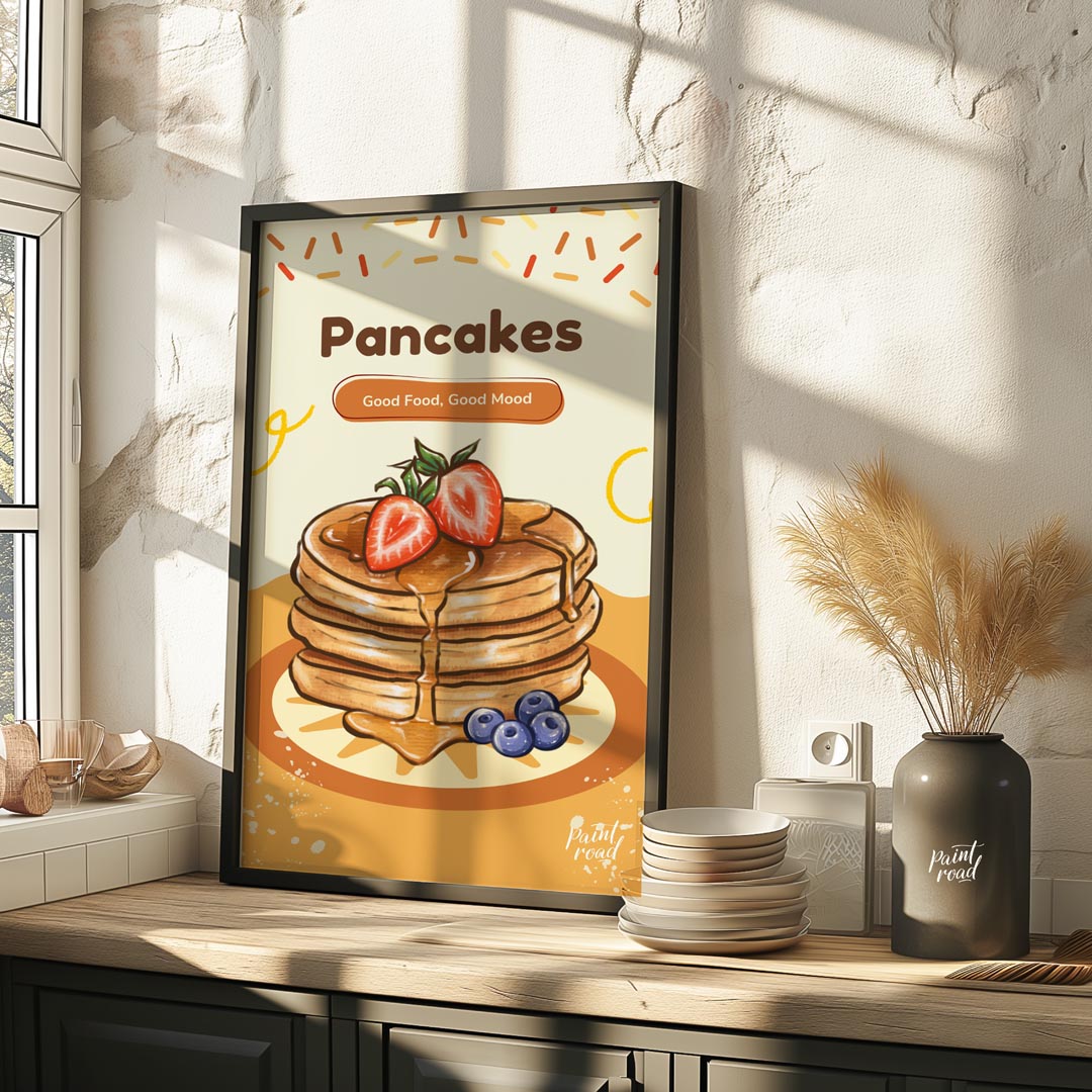 This delightful and appetizing poster celebrates the simple joy of pancakes, bringing a cheerful an… for kitchen
