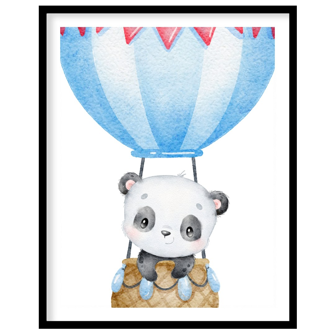 This heartwarming watercolor illustration showcases an adorable panda nestled in a woven hot air ba… for house