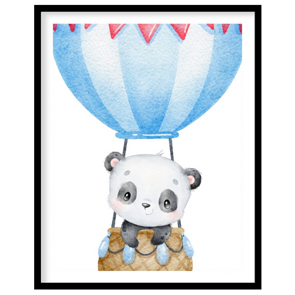 This heartwarming watercolor illustration showcases an adorable panda nestled in a woven hot air ba… for house