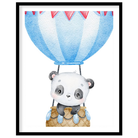 This heartwarming watercolor illustration showcases an adorable panda nestled in a woven hot air ba… for house