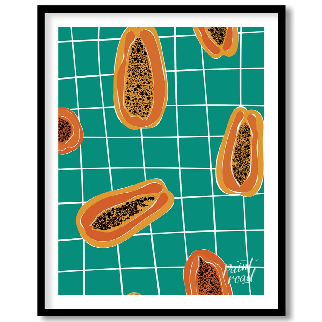 This striking and contemporary poster features a vibrant, repeating pattern of papaya halves, creat… for home