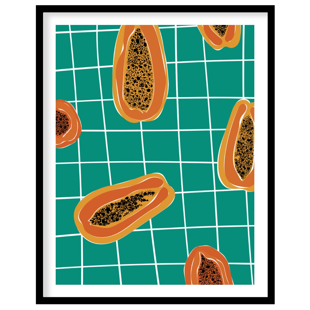This striking and contemporary poster features a vibrant, repeating pattern of papaya halves, creat… for home