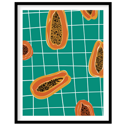 This striking and contemporary poster features a vibrant, repeating pattern of papaya halves, creat… for home
