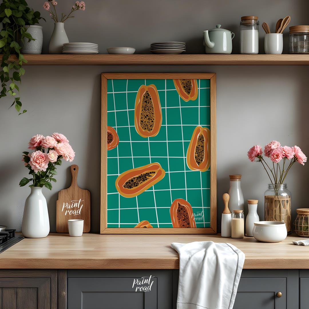 This striking and contemporary poster features a vibrant, repeating pattern of papaya halves, creat… for kitchen