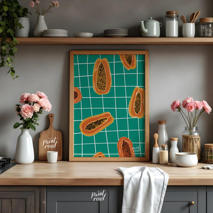 This striking and contemporary poster features a vibrant, repeating pattern of papaya halves, creat… for kitchen