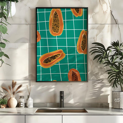 This striking and contemporary poster features a vibrant, repeating pattern of papaya halves, creat… for kitchen