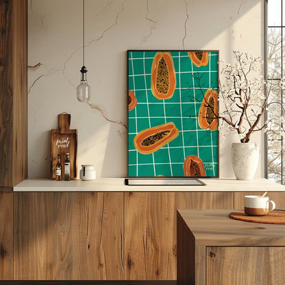 This striking and contemporary poster features a vibrant, repeating pattern of papaya halves, creat… for kitchen
