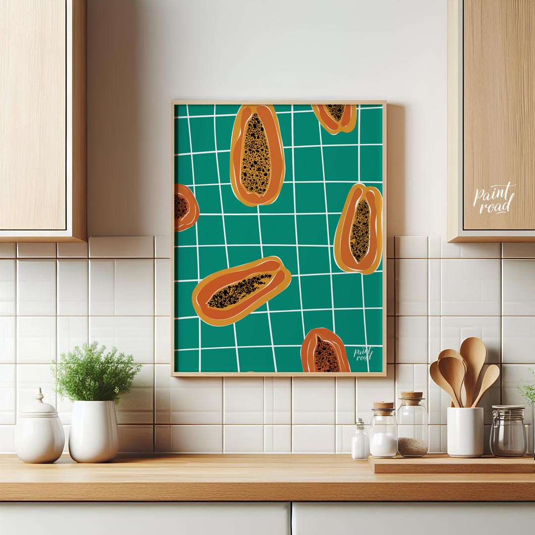 This striking and contemporary poster features a vibrant, repeating pattern of papaya halves, creat… for kitchen