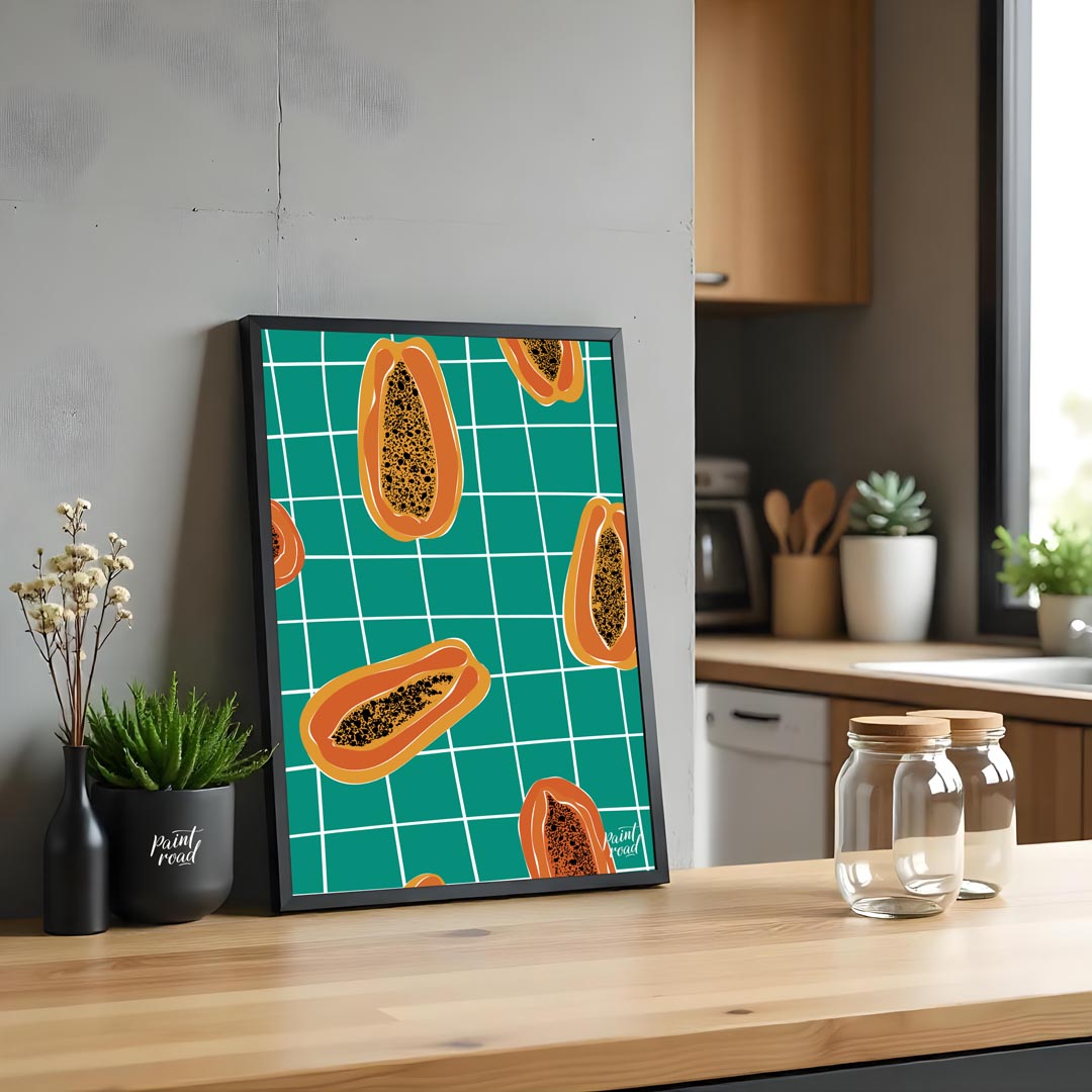 This striking and contemporary poster features a vibrant, repeating pattern of papaya halves, creat… for kitchen