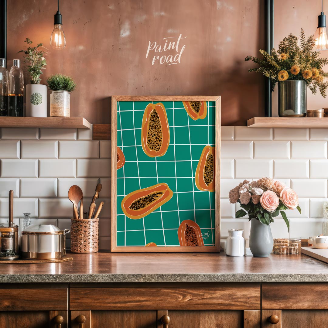 This striking and contemporary poster features a vibrant, repeating pattern of papaya halves, creat… for kitchen