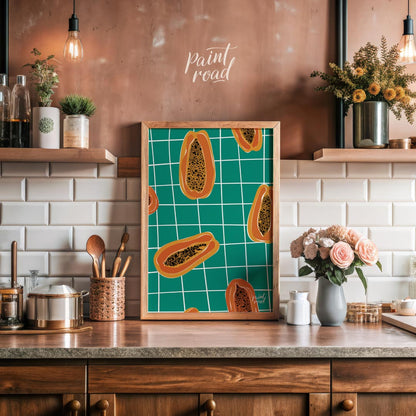 This striking and contemporary poster features a vibrant, repeating pattern of papaya halves, creat… for kitchen