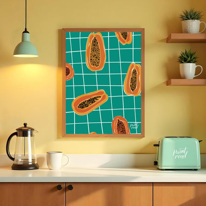 This striking and contemporary poster features a vibrant, repeating pattern of papaya halves, creat… for kitchen