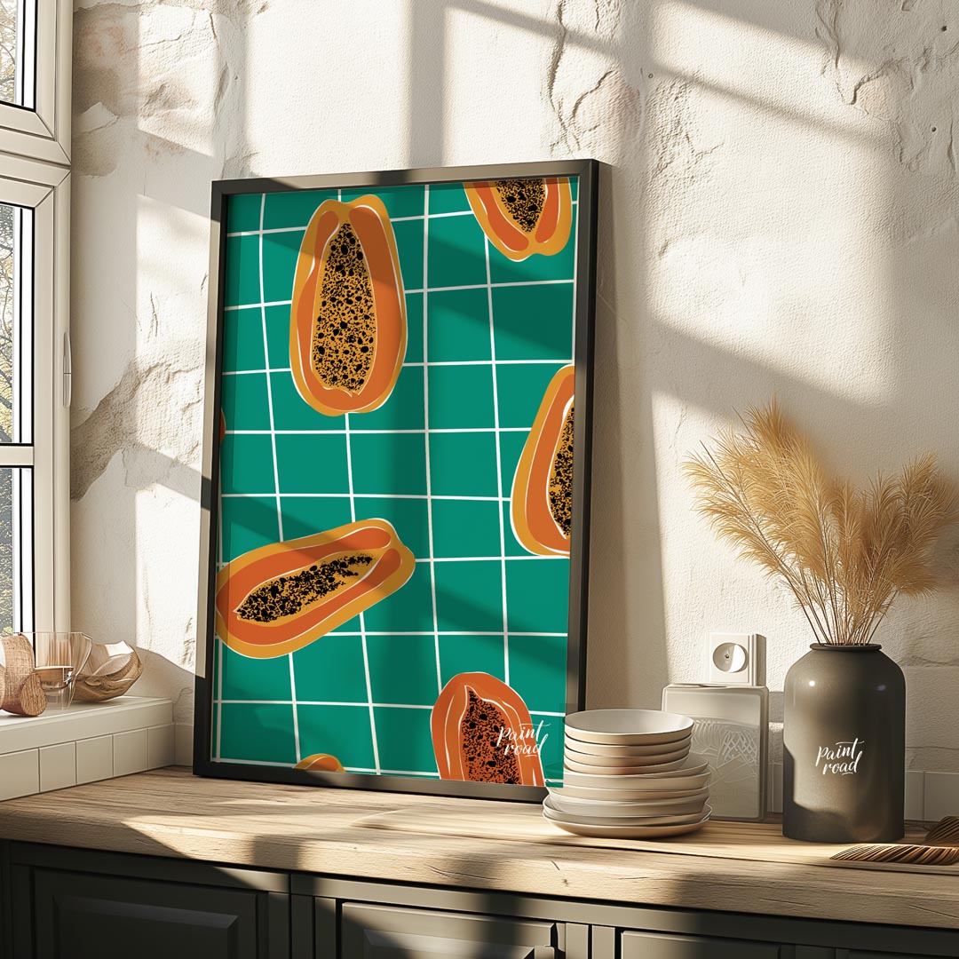 This striking and contemporary poster features a vibrant, repeating pattern of papaya halves, creat… for kitchen