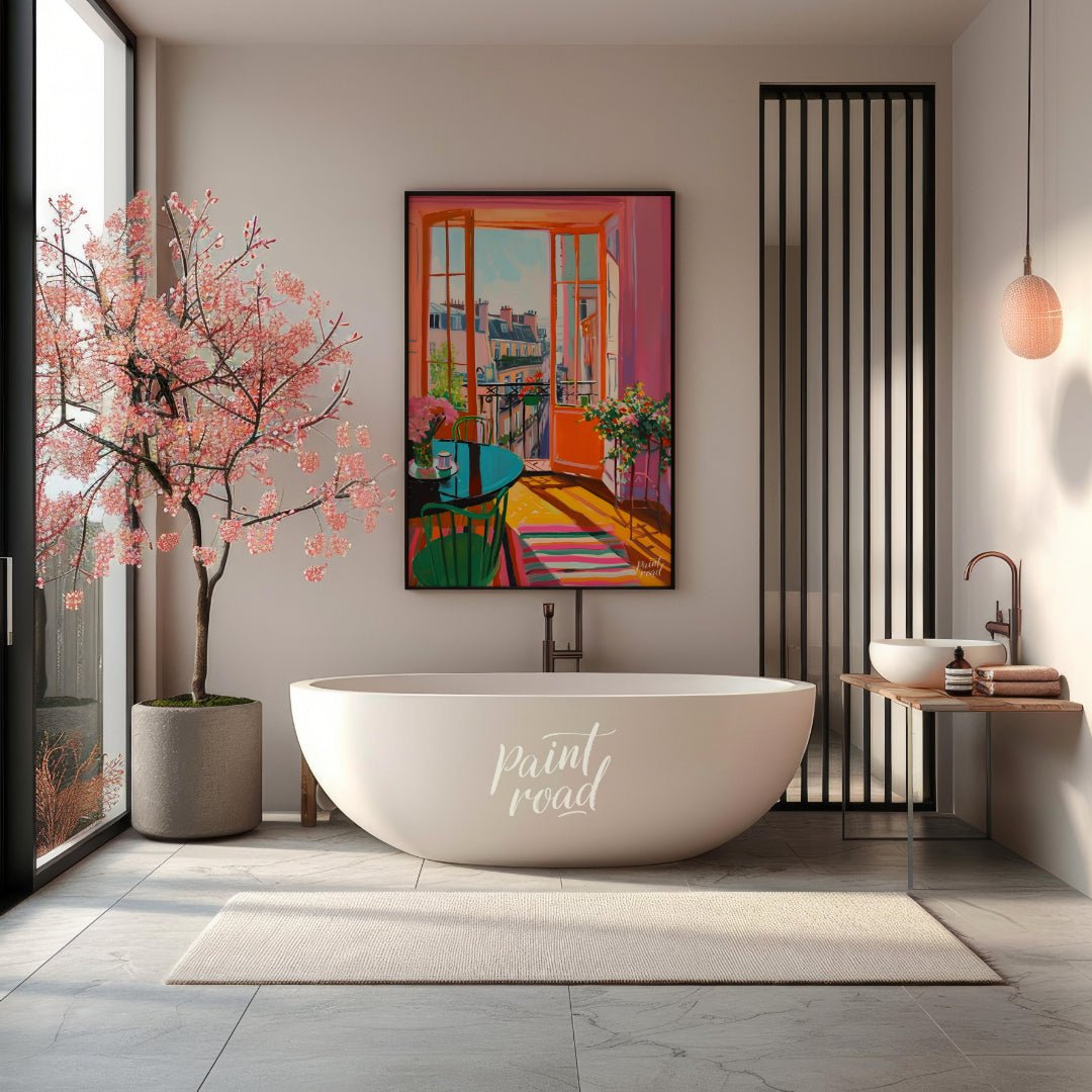 This vibrant digital painting captures a sunlit Parisian interior with an open balcony overlooking … for bathroom