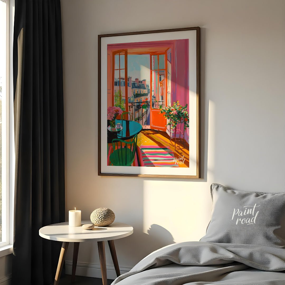 This vibrant digital painting captures a sunlit Parisian interior with an open balcony overlooking … for bedroom