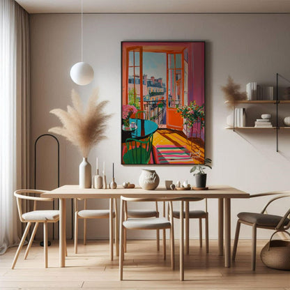 This vibrant digital painting captures a sunlit Parisian interior with an open balcony overlooking … for dining room