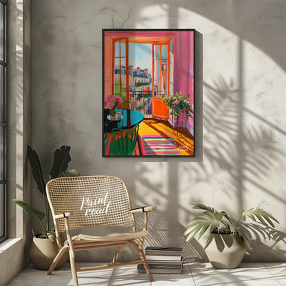 This vibrant digital painting captures a sunlit Parisian interior with an open balcony overlooking … for living room