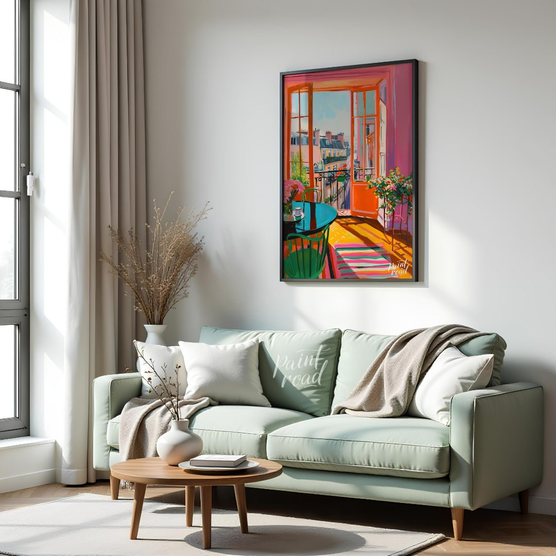 This vibrant digital painting captures a sunlit Parisian interior with an open balcony overlooking … for living room