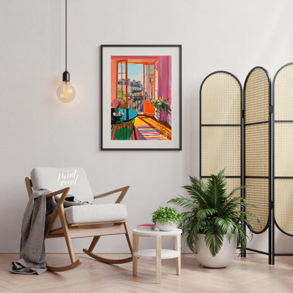 This vibrant digital painting captures a sunlit Parisian interior with an open balcony overlooking … for living room