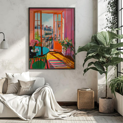 This vibrant digital painting captures a sunlit Parisian interior with an open balcony overlooking … for living room