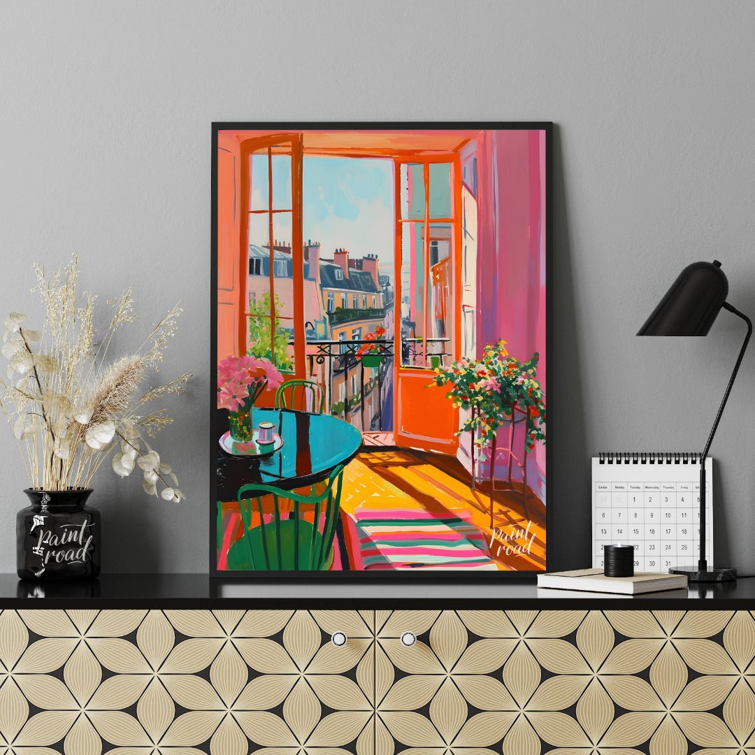This vibrant digital painting captures a sunlit Parisian interior with an open balcony overlooking … for office