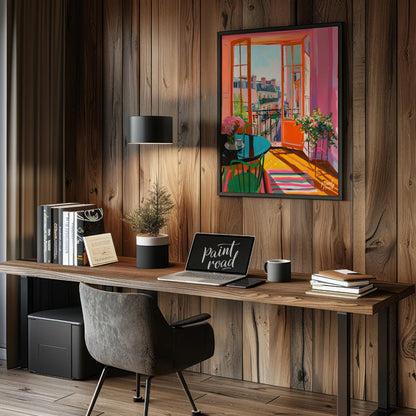 This vibrant digital painting captures a sunlit Parisian interior with an open balcony overlooking … for office