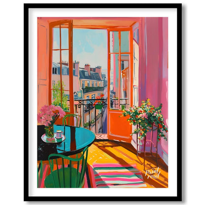 This vibrant digital painting captures a sunlit Parisian interior with an open balcony overlooking … for space