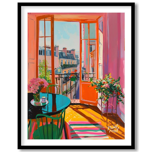 This vibrant digital painting captures a sunlit Parisian interior with an open balcony overlooking … for space