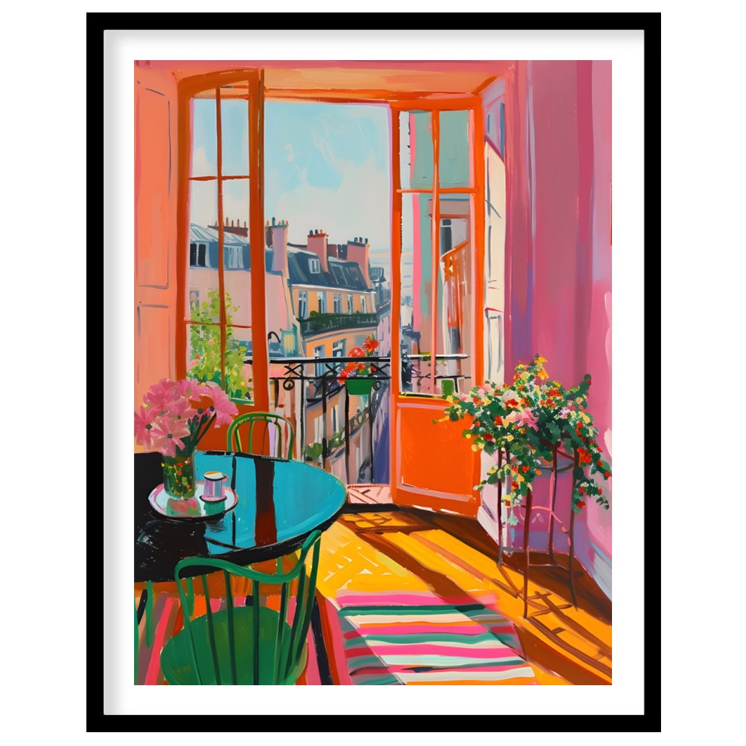 This vibrant digital painting captures a sunlit Parisian interior with an open balcony overlooking … for space