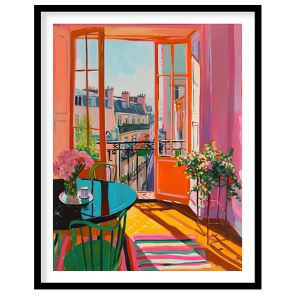 This vibrant digital painting captures a sunlit Parisian interior with an open balcony overlooking … for space