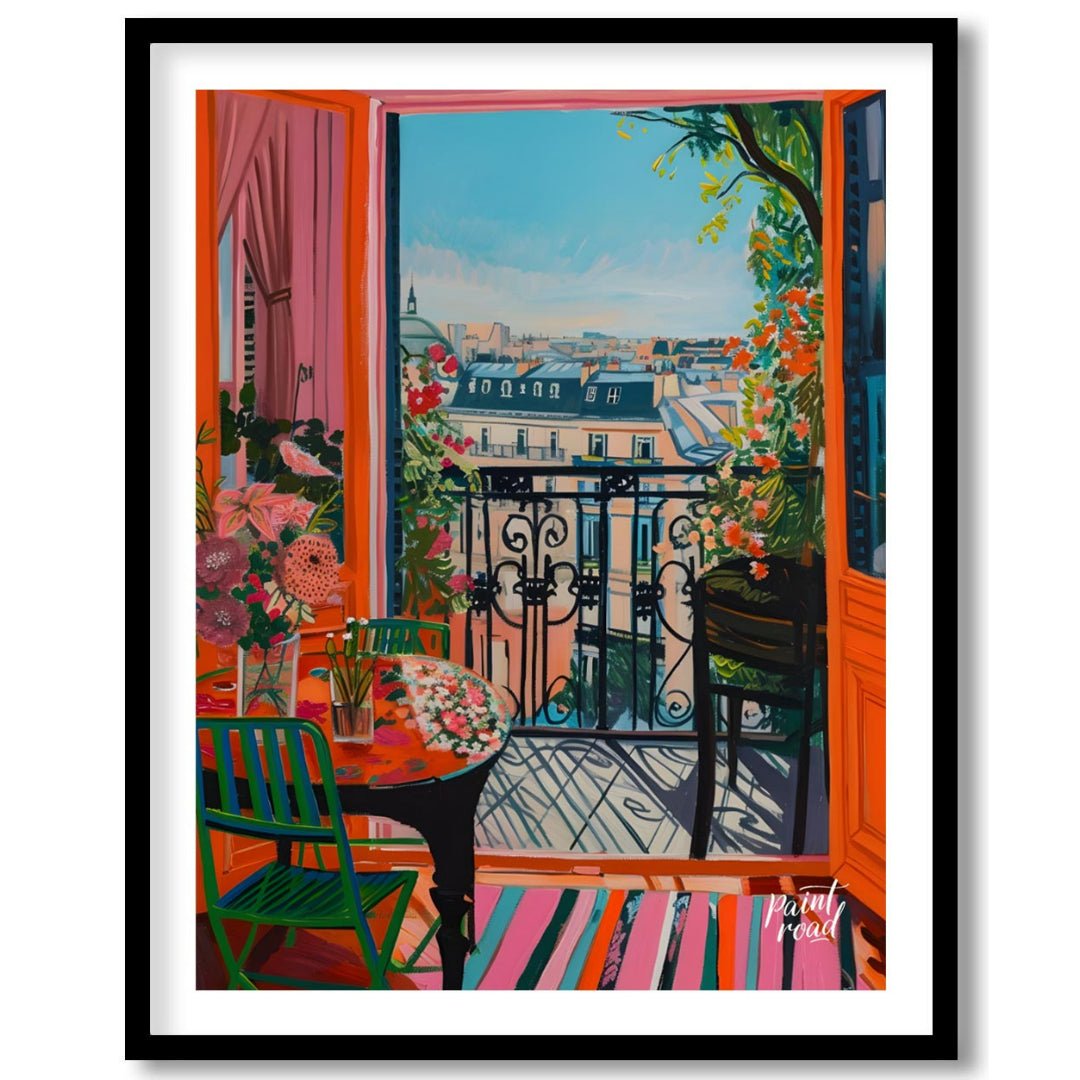 This vibrant digital painting captures a sunlit Parisian balcony overlooking a charming cityscape. … for area