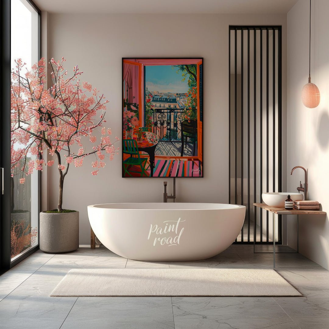 This vibrant digital painting captures a sunlit Parisian balcony overlooking a charming cityscape. … for bathroom