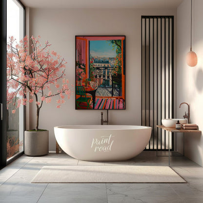 This vibrant digital painting captures a sunlit Parisian balcony overlooking a charming cityscape. … for bathroom