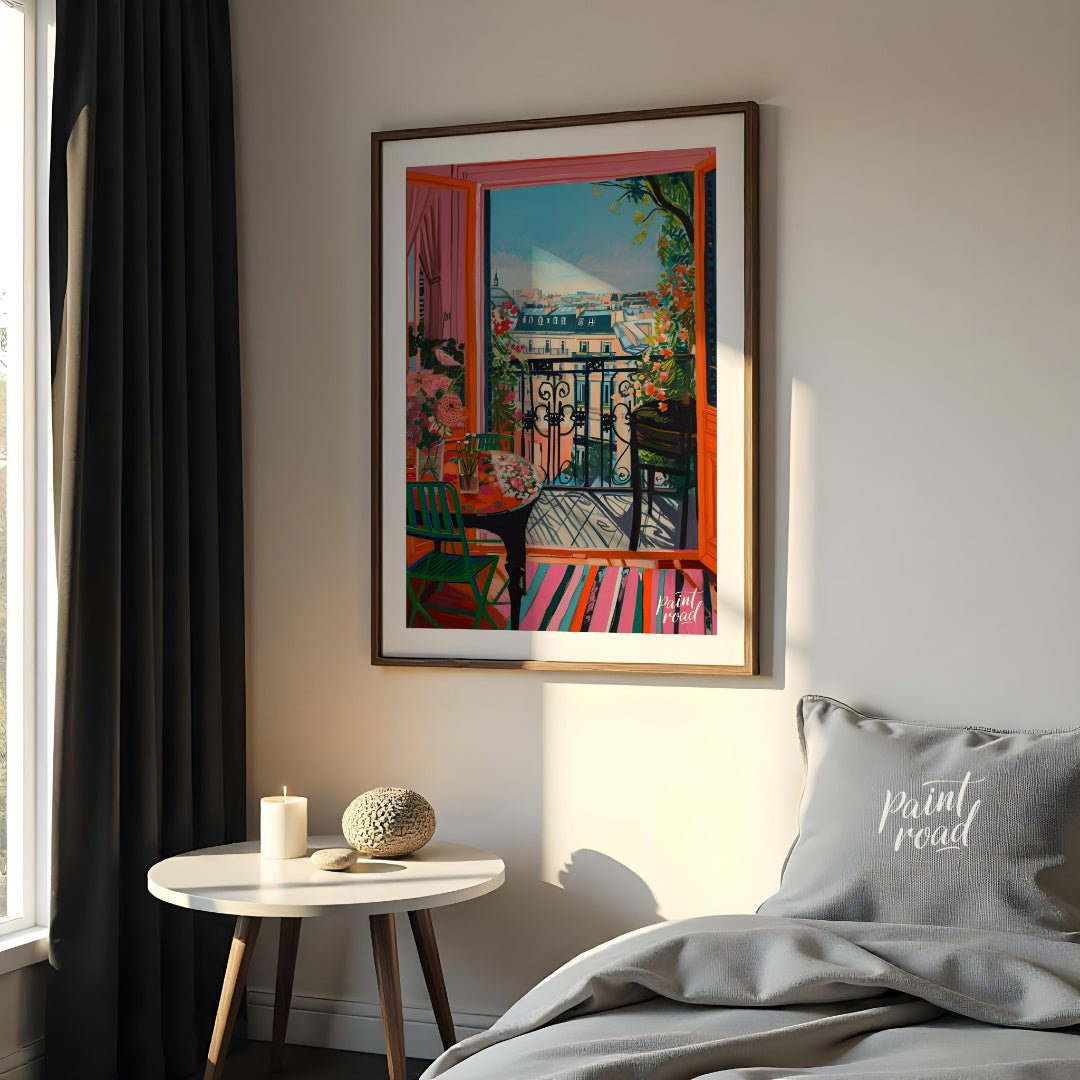 This vibrant digital painting captures a sunlit Parisian balcony overlooking a charming cityscape. … for bedroom