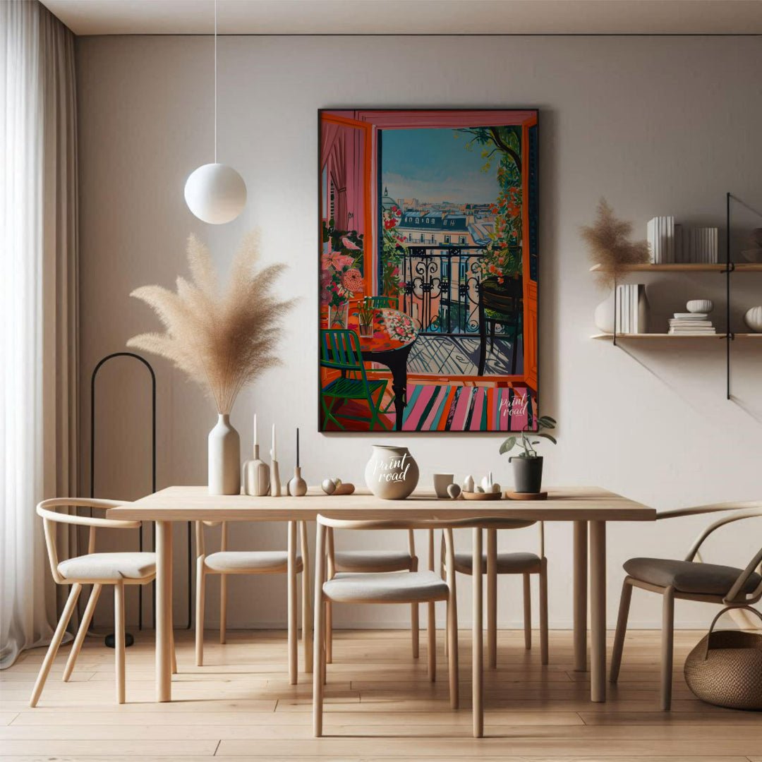 This vibrant digital painting captures a sunlit Parisian balcony overlooking a charming cityscape. … for dining room