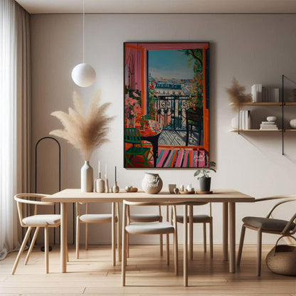 This vibrant digital painting captures a sunlit Parisian balcony overlooking a charming cityscape. … for dining room