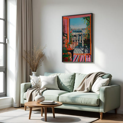 This vibrant digital painting captures a sunlit Parisian balcony overlooking a charming cityscape. … for living room