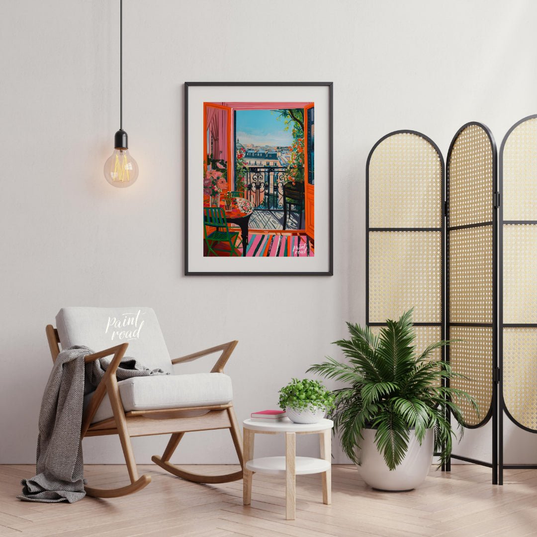 This vibrant digital painting captures a sunlit Parisian balcony overlooking a charming cityscape. … for living room