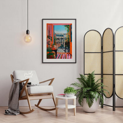 This vibrant digital painting captures a sunlit Parisian balcony overlooking a charming cityscape. … for living room