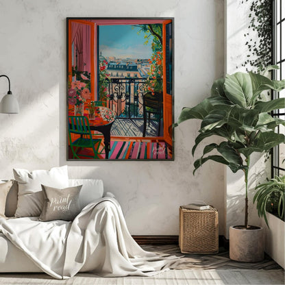 This vibrant digital painting captures a sunlit Parisian balcony overlooking a charming cityscape. … for living room