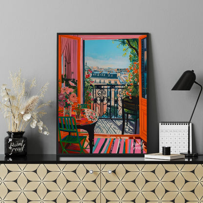 This vibrant digital painting captures a sunlit Parisian balcony overlooking a charming cityscape. … for office