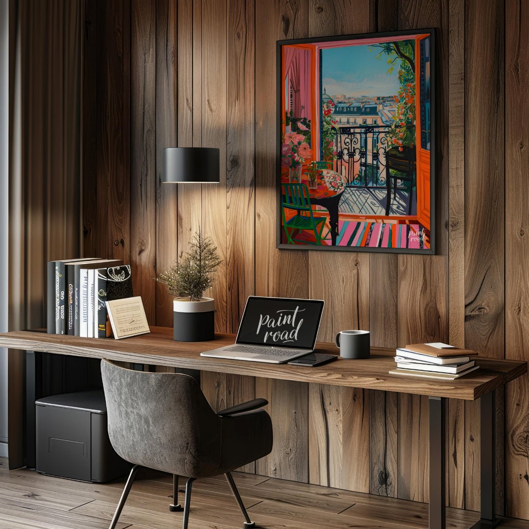This vibrant digital painting captures a sunlit Parisian balcony overlooking a charming cityscape. … for office