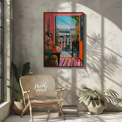 This vibrant digital painting captures a sunlit Parisian balcony overlooking a charming cityscape. … for other