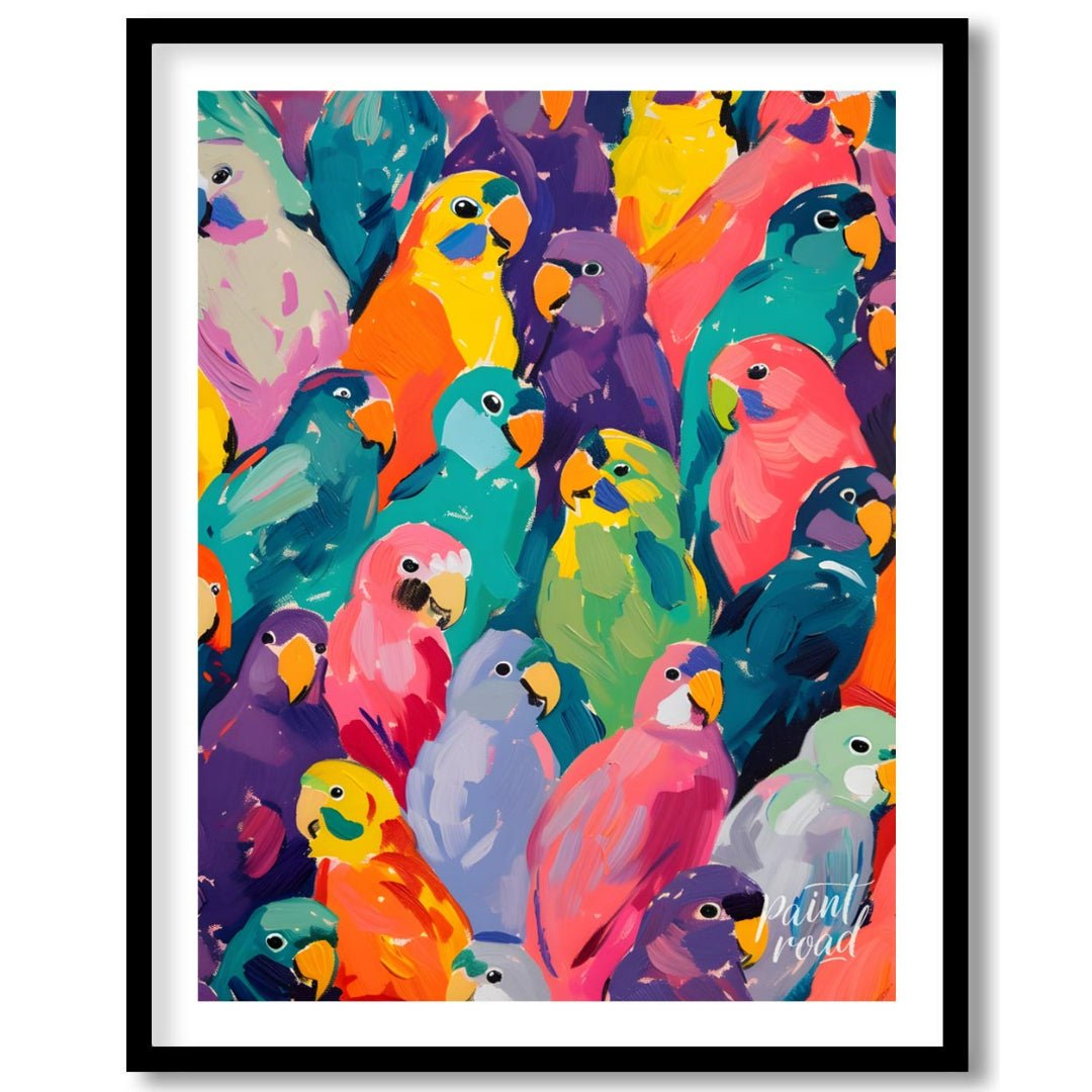 This vibrant painting bursts with a kaleidoscope of colorful parrots, creating a visually arresting… for abode