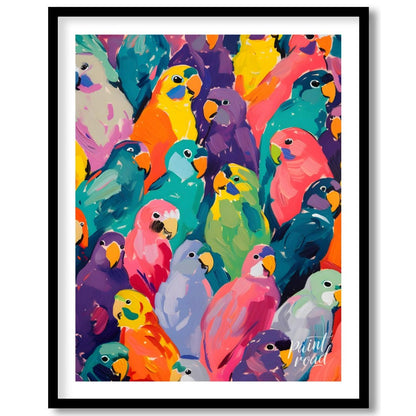 This vibrant painting bursts with a kaleidoscope of colorful parrots, creating a visually arresting… for abode