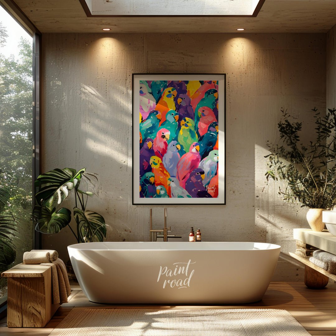 This vibrant painting bursts with a kaleidoscope of colorful parrots, creating a visually arresting… for bathroom