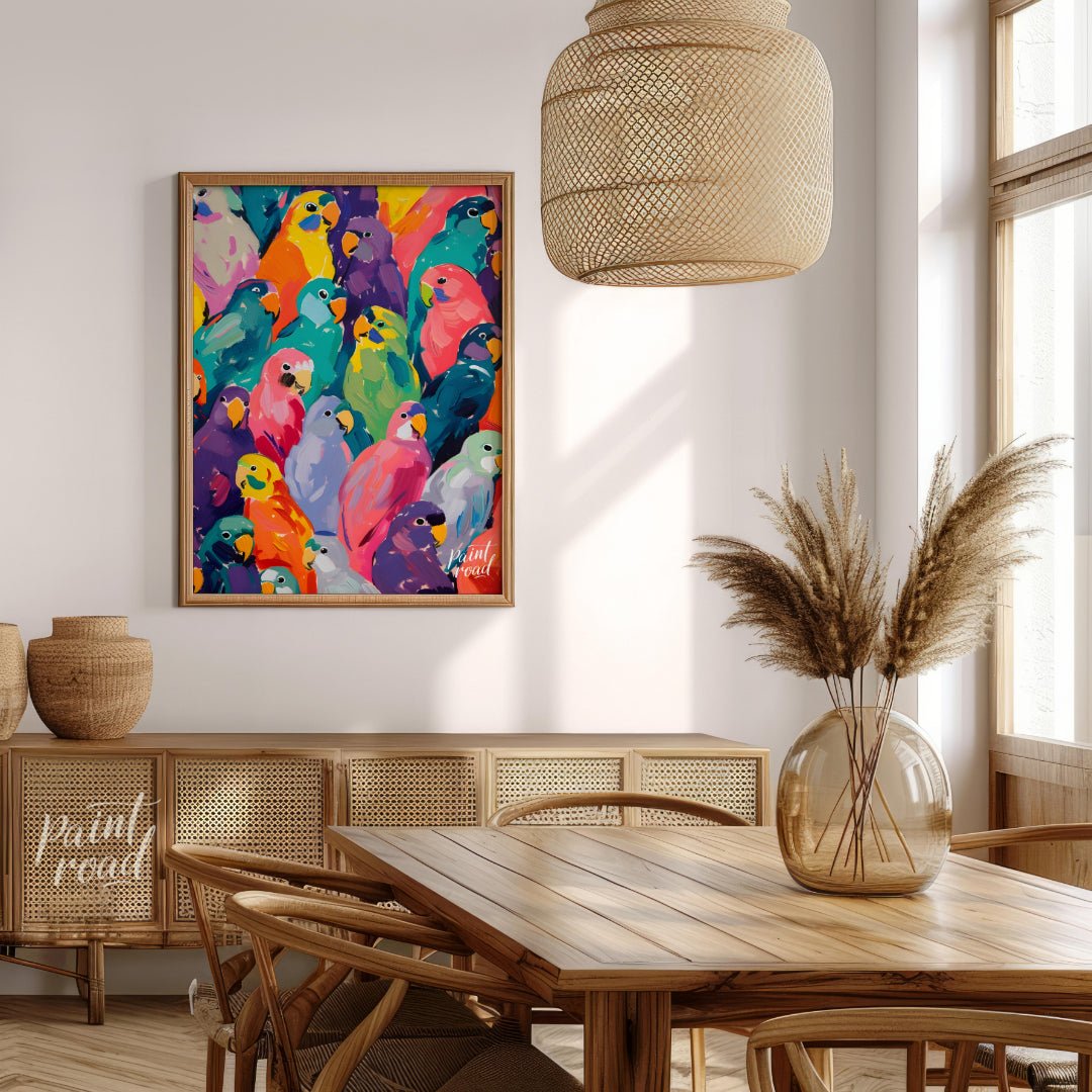 This vibrant painting bursts with a kaleidoscope of colorful parrots, creating a visually arresting… for dining room
